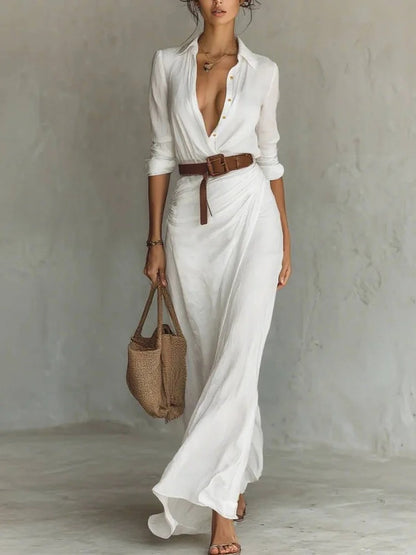 Robe Longue Chemise Ceinturée – Élégance Intemporelle