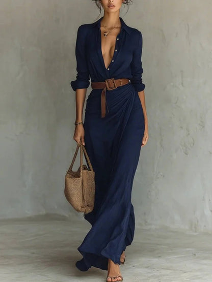 Robe Longue Chemise Ceinturée – Élégance Intemporelle