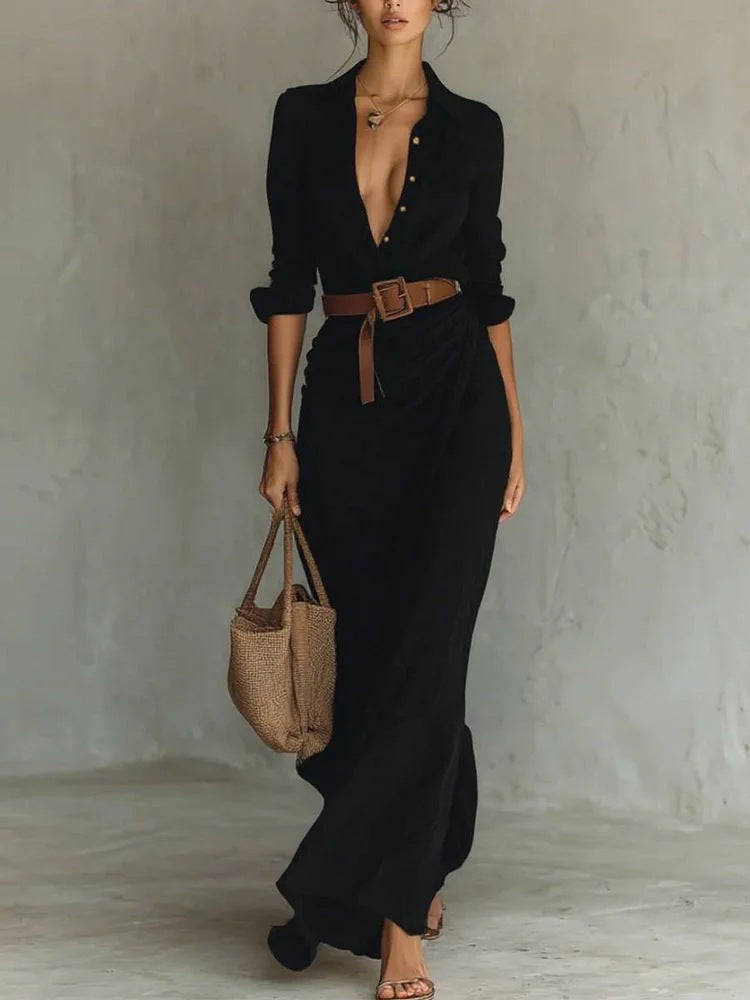 Robe Longue Chemise Ceinturée – Élégance Intemporelle