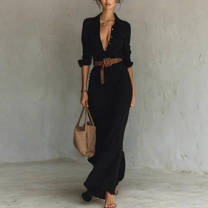 Robe Longue Chemise Ceinturée – Élégance Intemporelle